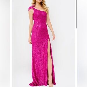 NWT Jovani Sz 00 JVN08175 Fuchsia One Shoulder Lace Sheath Prom Dress